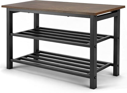 3-Tier Shoe Rack Bench, Shelf Storage Bench w/h Metal Shelves and Seat, Free Standing Shoe Organizer for Entryway, 11 x 27.2 x 17.2 Inches Shoe Bench, Brown & Black
