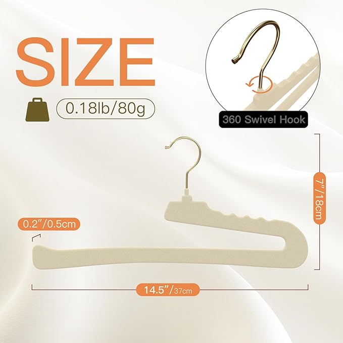 Flottian 20 Pack Velvet Pants Hangers - Open Ended Non-Slip Heavy Duty Closet Organizers with 360° Swivel Hook, Space-Saving Felt Hangers for Pants, Jeans, Dresses & Towels, Beige