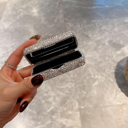 Lipstick Bling Rhinestone Crystal Case Storage Organizer Box with Mirror for Women's Lipstick Holder-Cosmetic Storage Kit (Full silver)