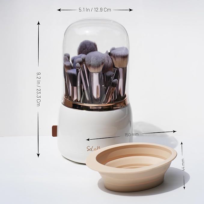 Rotating Makeup Brush Holder with Lid – Dustproof Vanity Organizer for Makeup Brushes, Bonus Foldable Makeup Brush Cleaner Bowl Included, Elegant White Storage Solution