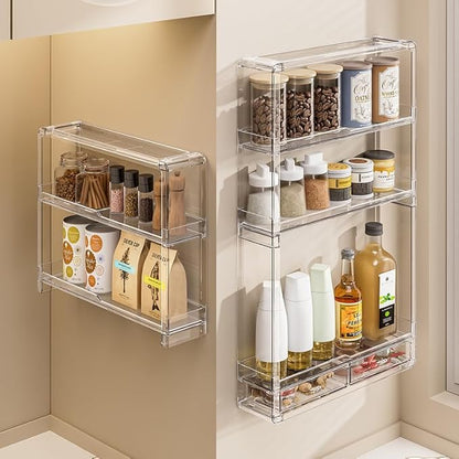BOHOIDEE 3 Tiers Wall Acrylic Display Shelves with 2 Division Boards, Large Capactiy Acrylic Bathroom Organizer, Wall-Mounted Dustproof Makeup Organizer Storage for Bathroom, Kitchen, Room Decor