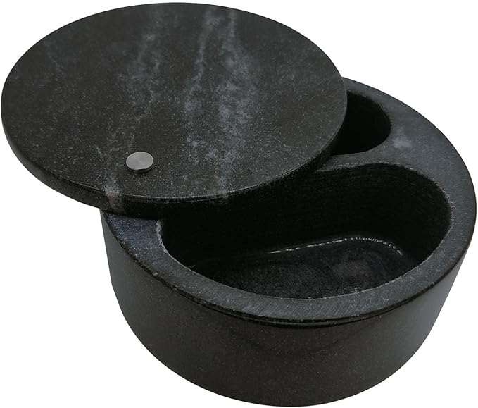 Kerixi Marble Salt Cellar and Storage Box with Two Compartments Salt Box with Swivel Lid for Storing Spice (Black)