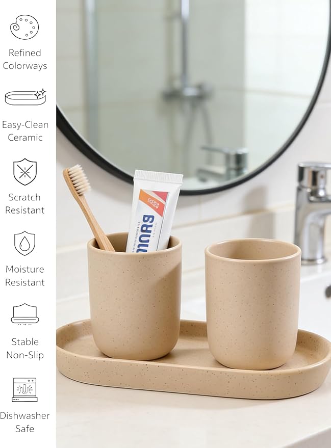 Matte Beige Ceramic Bathroom Tray for Countertop, Minimalist Vanity Organizer Dish for Perfume, Jewelry & Soap, Oval Decorative Tray for Bathroom Sink, Dresser, Coffee Bar or Kitchen Counter