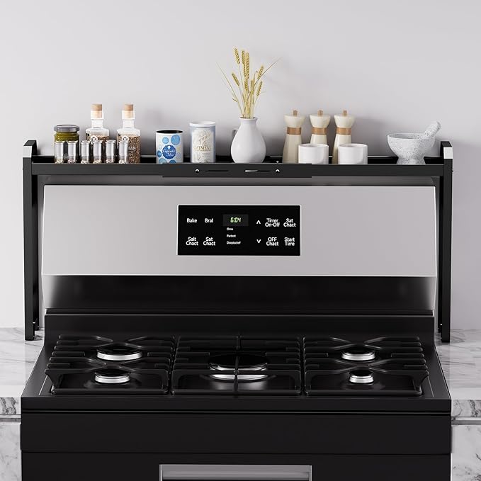 Kitchen Spice Rack Over The Stove, Shelf for Back of Stove, Stove Top Shelf for Seasoning Organizer, Over Oven Shelf, Countertop, Expandable Length 27.3''-32.6'', 4 Adjustable Height (Black, Normal)