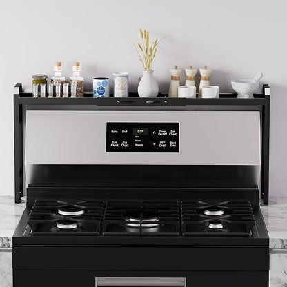 Kitchen Spice Rack Over The Stove, Shelf for Back of Stove, Stove Top Shelf for Seasoning Organizer, Over Oven Shelf, Countertop, Expandable Length 27.3''-32.6'', 4 Adjustable Height (Black, Normal)