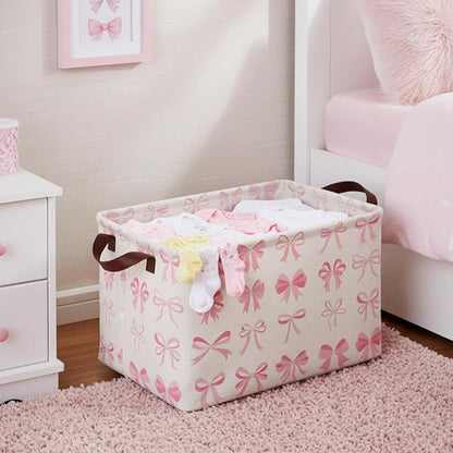 Pink Bow Decor Storage Basket Waterproof Canvas Toy Storage Bin Coquette Room Decor Collapsible Outdoor Basket with Leather Handles Pink Blanket Baskets For Closets,Bedrooms,Gifts Baskets