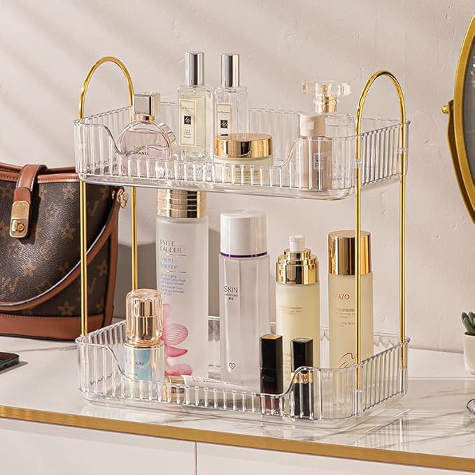 shuang qing 2 Tier Bathroom Counter Organizer Countertop Storage, Cosmetics Skincare Shelf Organizer, Makeup Organizer Perfume for Dresser Vanity Tray, Spice Rack Organizer for Kitchen - Clear