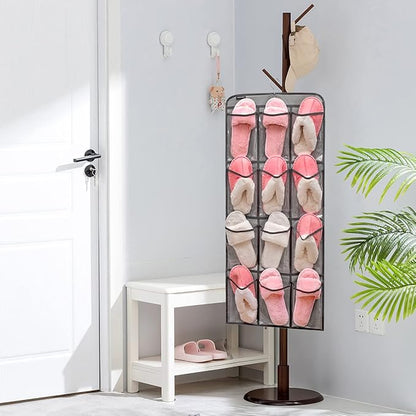 Dual Sided Hanging Shoe Organizer for Closet with Rotating Hanger Hanging Shoe Rack Holder with 24 Large Pockets (GREY-Clear Pockets)
