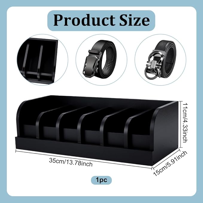 UNICRAFTALE Black Wood Belts Organizer Box 35cm Belt Organizer Tie and Belt Storage Holders for Closet and Drawer Organizer 6-Compartment Belts Organizer and Displayer for Men Women