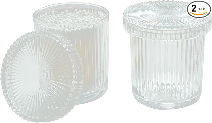 2 Pack Glass Container Qtip Holder with Lid, Mouthwash Cup,Cosmetic Storage for Bathroom,Glass Jars for Cotton Swabs,Makeup Pads,Dental Flossers,Jewelry Trays,Glass holders,Clear