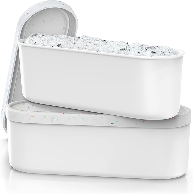 BALCI Ice Cream Containers - 2 Quart Ea. (Set of 2) - Premium Reusable Freezer Storage for Homemade Ice Cream Tub for Sorbet, Frozen Yogurt - Flexible Silicone Lids, Long Scoop - White With Sprinkles