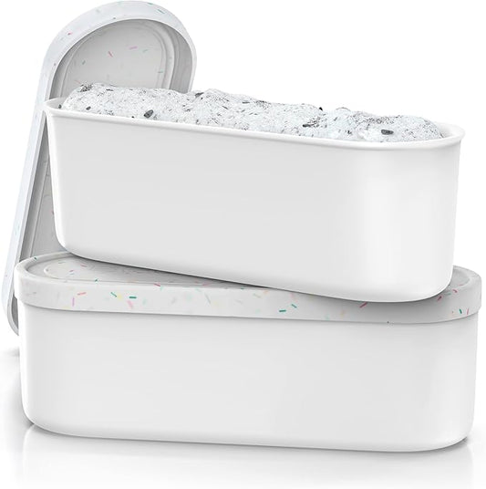 BALCI Ice Cream Containers - 2 Quart Ea. (Set of 2) - Premium Reusable Freezer Storage for Homemade Ice Cream Tub for Sorbet, Frozen Yogurt - Flexible Silicone Lids, Long Scoop - White With Sprinkles