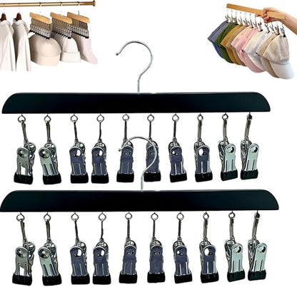 Closet Organizer with 10 Clips, Space Saving Hanging Closet Organizers Adjustable Wooden Legging Organizer for Closet, Stainless Steel Pants Hanger with Clips for Women Men (Black, 2pcs)