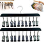 Closet Organizer with 10 Clips, Space Saving Hanging Closet Organizers Adjustable Wooden Legging Organizer for Closet, Stainless Steel Pants Hanger with Clips for Women Men (Black, 2pcs)