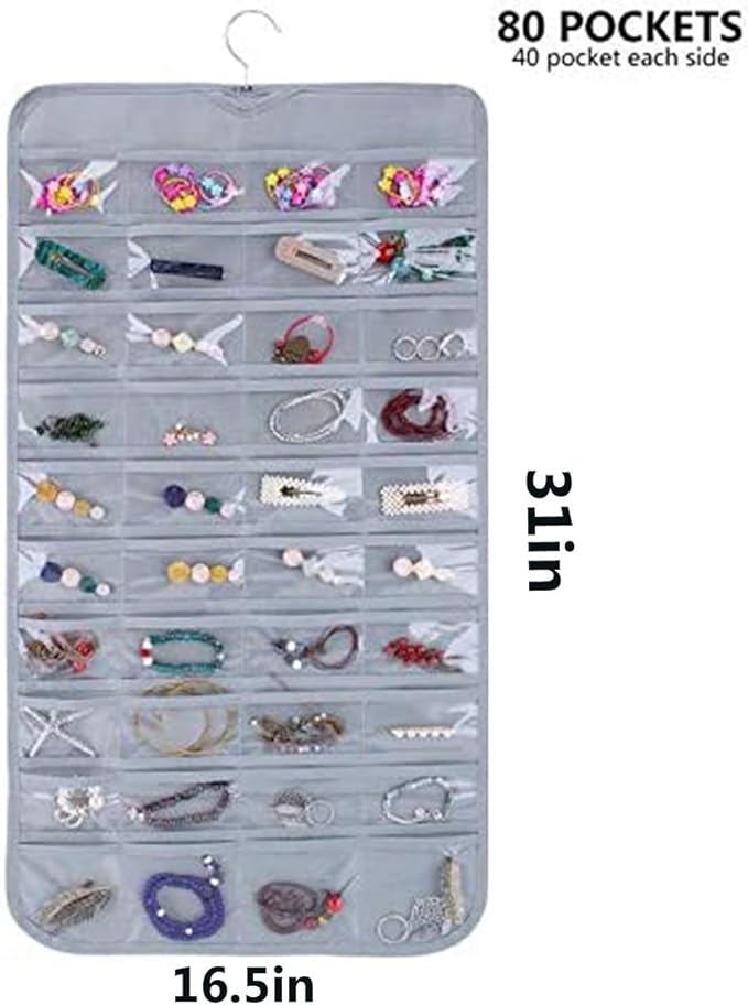 Hanging Jewelry Organizer, Accessories Storage with 80 Pockets Closet Organizers, Necklace, Earring, Ring Holder for Jewelries (Gray)