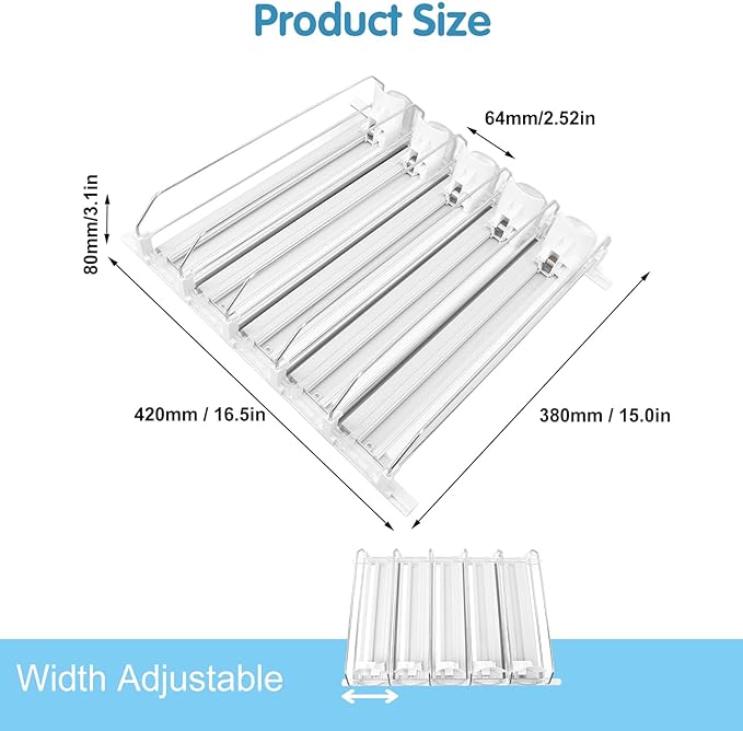 Drink Organizer for Fridge, 18.9x15.0x3.1in Soda Can Dispenser for Refrigerator, 5 Rows Adjustable Automatic Pusher Glide Drink Dispenser for Beer Beverages (White)