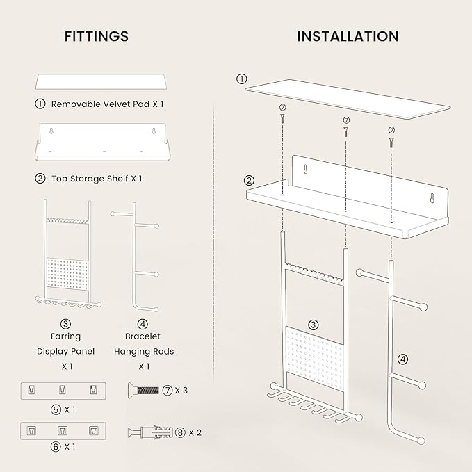 Saydear Wall Mounted Jewelry Organizer with Shelf: Metal Display Stand with Velvet Pad, Multi-Layer Necklace Hanging Rack for Bedroom Bathroom Space Saving No-Drill Wall Decor