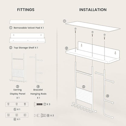 Saydear Wall Mounted Jewelry Organizer with Shelf: Metal Display Stand with Velvet Pad, Multi-Layer Necklace Hanging Rack for Bedroom Bathroom Space Saving No-Drill Wall Decor