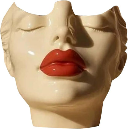 Women's Head Shape Boho Feminist Decoration, Minimalist Statue Storage Decor Face Makeup Brush Holder, Modern Statue Storage Makeup for Table Shelf Living Room Office (Beige 5.90 * 4.72 * 3.15in)