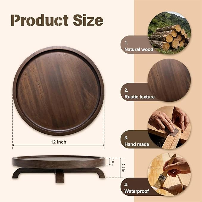 12" Solid Wood Lazy Susan Turntable Organizer for Cabinet, Pantry, Kitchen Countertop - Farmhouse Style with Raised Feet & Water-Resistant Coating, Rustic Bathroom Vanity Tray and Dining Table Decor