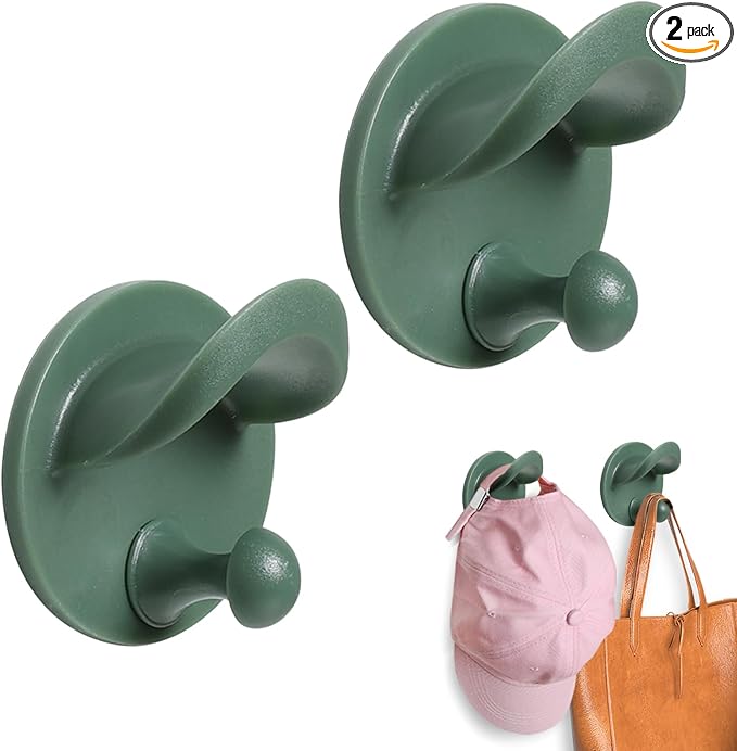 Hat Racks Adhesive Wall Hooks for Coat, Towel, Backpack, Bag, Jacket, Keys - Wide Brim Hat Organizer Hook for Bathroom,Entryway, Closet, Kitchen, Door, Dorm (2 Pack Green)