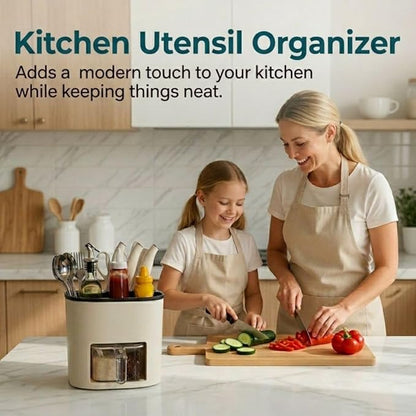 Rotating Kitchen Organizer, Cooking Utensil Holder for Countertop, Seasoning Organizer and Condiment Caddy with Knife Organizer and Spice Containers