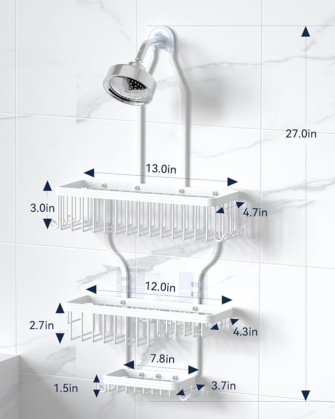 YASONIC Never-Rust Aluminum Hanging Shower Caddy – Over-the-Showerhead Organizer with 10 Hooks for Razor and Sponge – Includes Soap Basket – White