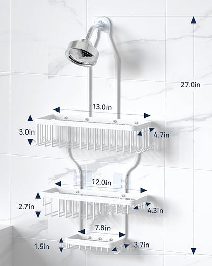 YASONIC Never-Rust Aluminum Hanging Shower Caddy – Over-the-Showerhead Organizer with 10 Hooks for Razor and Sponge – Includes Soap Basket – White