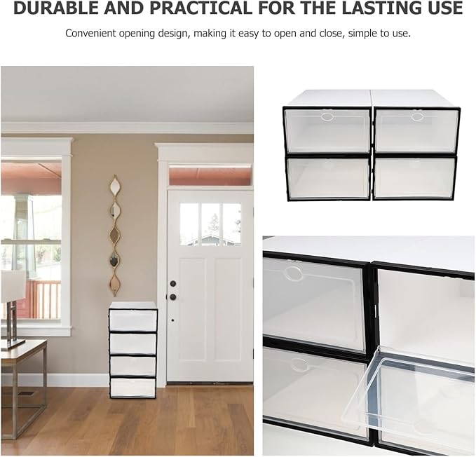 Men's Shoe Storage Boxes 4 Pack Plastic Storage Bins Black Frame for Home Sturdy and Space-saving