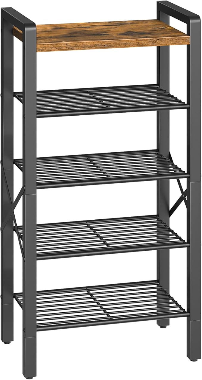 YATINEY 5-Tier Narrow Shoe Rack, Tall Shoe Rack for 5-10 Pairs, Slim Shoe Storage Organizer with Wooden Top, Space Saving, Metal Frame, for Entryway, Rustic Brown and Black SS65BR