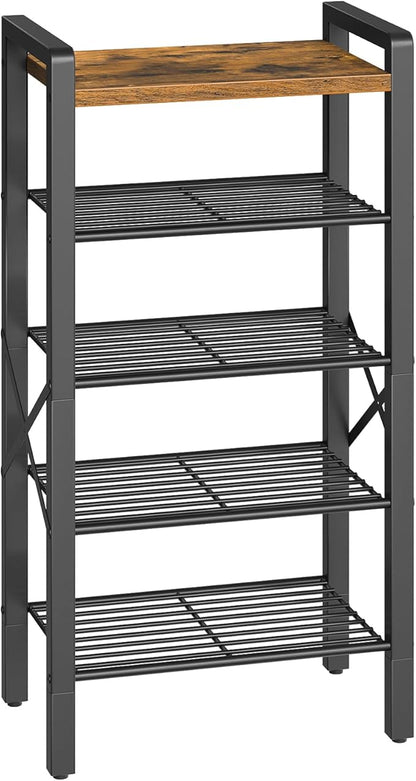 YATINEY 5-Tier Narrow Shoe Rack, Tall Shoe Rack for 5-10 Pairs, Slim Shoe Storage Organizer with Wooden Top, Space Saving, Metal Frame, for Entryway, Rustic Brown and Black SS65BR