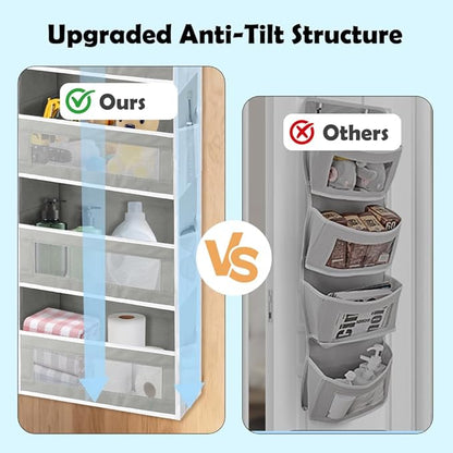 Over The Door Storage Organizer with 5 Extra Large Pockets & Side Mesh Pouches, Hanging Closet Door Organizer for Bedroom, Baby Nursery Storage, Anti-Tilt Design, Fits 1.6" Doors-Gray