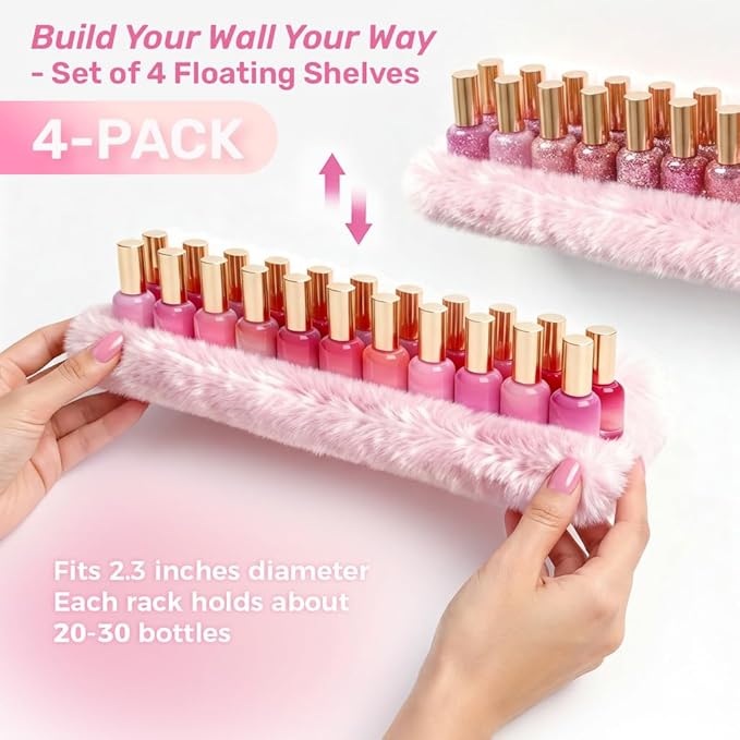 Care&More YJ 15 Inch Nail Polish Shelves, 4-Pack Fuzzy Display Nail Polish Rack for Storing Nail Bottles, Sunglasses, Essential Oils, Plush Soft Pink