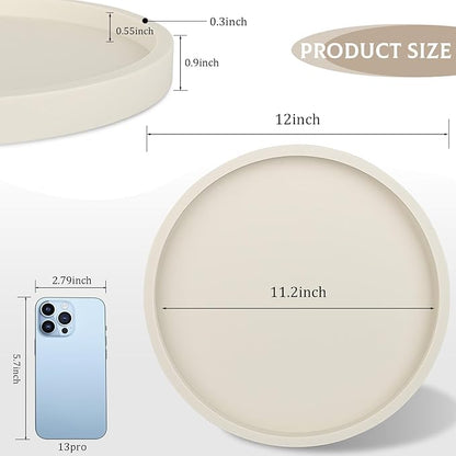 Silicone Bathroom Tray Round Vanity Tray Decorative Soap Holder Kitchen Countertop Organizer Coffee Table Decor for Candle, Perfume, Plant, 12 Inch, Beige
