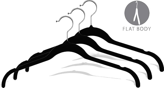 Black Velvet Ultra Thin Slimline Hanger with Notches, (Box of 25) Space Saving Flocked Top Hangers with Chrome Hook