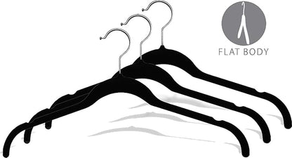 Black Velvet Ultra Thin Slimline Hanger with Notches, (Box of 25) Space Saving Flocked Top Hangers with Chrome Hook