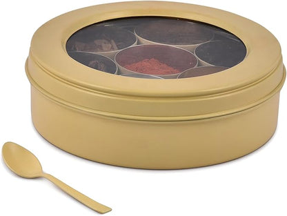 Elan 7 Compartment Multipurpose Air-Tight Stainless Steel See Through Round Colorful Spice Box/Popula Dabba with Lid and Spoon | Daisy Yellow, 1500 ml