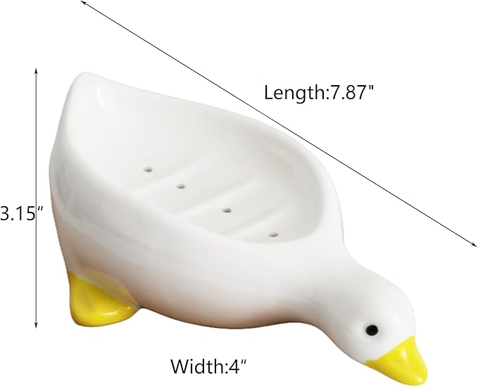Cute Duck Ceramic Soap Dish with Drainage, Self-Draining, Non-Slip & Easy - Clean, Ceramic Soap Holder for Bathroom Kitchen, Ideal for Soap Sponge, Trinkets, Bathroom Decor Gift
