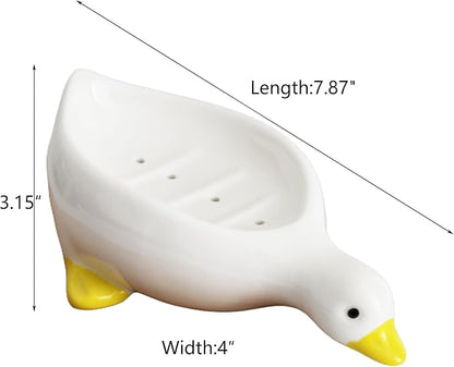Cute Duck Ceramic Soap Dish with Drainage, Self-Draining, Non-Slip & Easy - Clean, Ceramic Soap Holder for Bathroom Kitchen, Ideal for Soap Sponge, Trinkets, Bathroom Decor Gift
