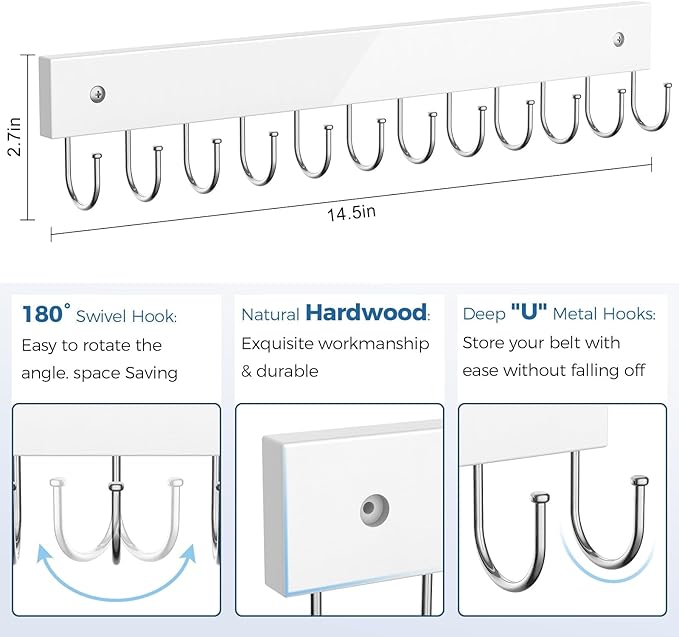 Belt Hanger Wall Mounted, Wooden Coat Rack Belt Organizer 2 Pack Max 24 Storage Capacity, 180° Rotating Space Saving Hangers for Ties, Tank Tops, Scarves, Bras, Keys, Bags White