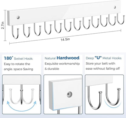 Belt Hanger Wall Mounted, Wooden Coat Rack Belt Organizer 2 Pack Max 24 Storage Capacity, 180° Rotating Space Saving Hangers for Ties, Tank Tops, Scarves, Bras, Keys, Bags White