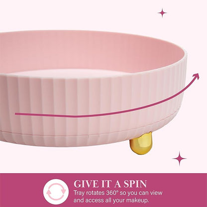 Paris Hilton 360° Rotating Makeup Organizer Tray, Large Capacity for Skincare & Beauty Essentials, Fluted Design with Gold Accents, 8.75-Inch, Pink
