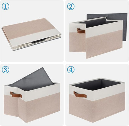 Large Fabric Storage Bins, Foldable Fabric Storage Baskets for Shelves, Sturdy Storage Boxes with PU Handles for Organizing Closet Home Bedroom Office (26L, 3 Packs, Pink&White)