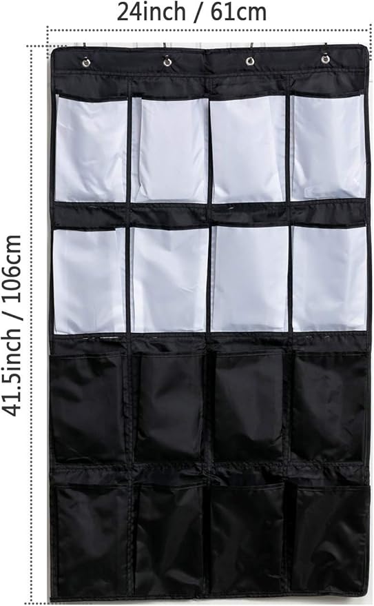 HeyToo Over The Door Shoe Organizer 16 Large Oxford Fabric Pockets Accessory Storage Hanging Narrow Closet Wall Black and White