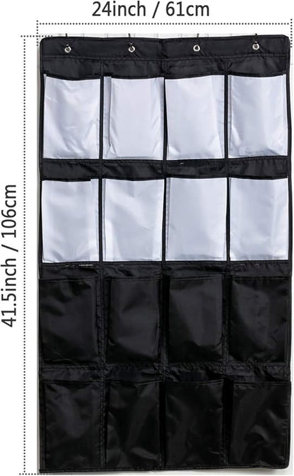 HeyToo Over The Door Shoe Organizer 16 Large Oxford Fabric Pockets Accessory Storage Hanging Narrow Closet Wall Black and White