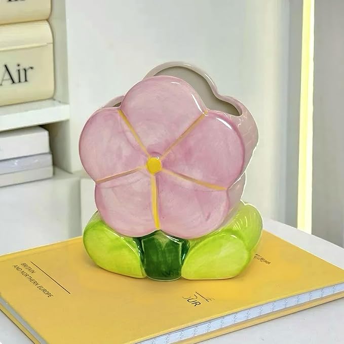 TANG SONG Ceramic Bloom Five Petals Make up Brush Holder Flower Cosmetic Storage Box Pen and Pencil Holder Desktop Organizers (Purple)