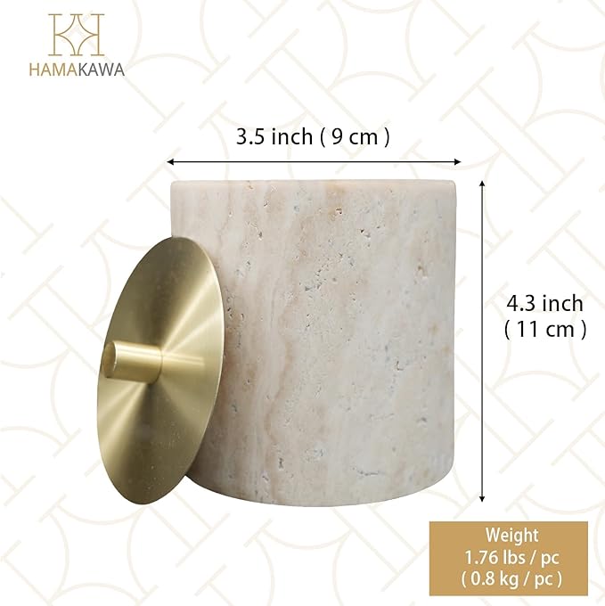 Nartural Marble Qtip Holder with Brass Lid, Beige Travertine Cotton Swab Jar, Modern Round Canister, Small Apothecary Storage Jars for Bathroom, Bedroom, Vanity, Kitchen Cabinet