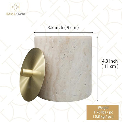 Nartural Marble Qtip Holder with Brass Lid, Beige Travertine Cotton Swab Jar, Modern Round Canister, Small Apothecary Storage Jars for Bathroom, Bedroom, Vanity, Kitchen Cabinet