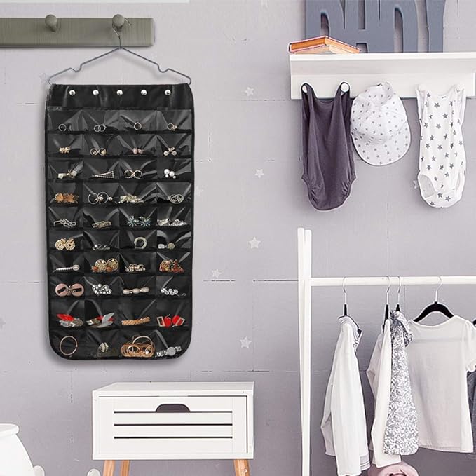 Hanging Jewelry Organizer, Double-Sided 80 Pockets (40 Front + 40 Back), Closet & Hook Jewelry Storage, for Earrings, Necklaces, Bracelets, Rings & Pendants, Black