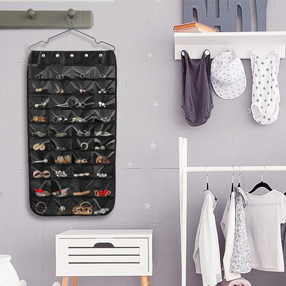 Hanging Jewelry Organizer, Double-Sided 80 Pockets (40 Front + 40 Back), Closet & Hook Jewelry Storage, for Earrings, Necklaces, Bracelets, Rings & Pendants, Black